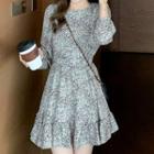Long-sleeve Round Neck Floral A-line Dress