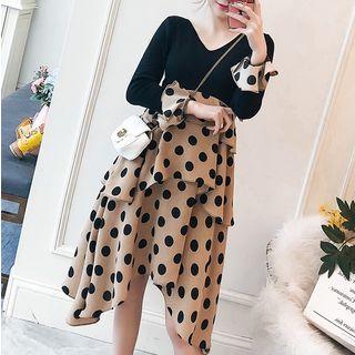 Bell-sleeve Polka Dot Panel Layered Dress