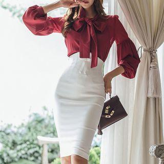 Bow Accent Lantern-sleeve Blouse / High-waist Pencil Skirt