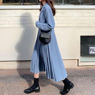 Buttoned Long-sleeve Accordion Pleat Midi A-line Dress
