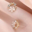 Rhinestone Floral Ear Stud 1 Pair - S925 Silver - Pink - One Size