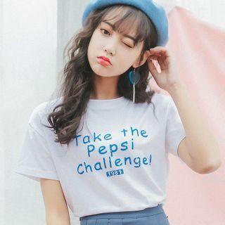 Lettering Short-sleeve T-shirt / Lace-up Pleated Mini A-line Skirt