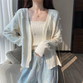 Set: Faux Pearl Accent Knit Cardigan / Knit Camisole Top
