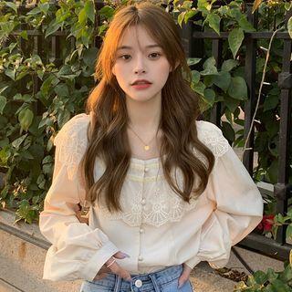 Long-sleeve Square Neck Lace Trim Blouse Almond - One Size