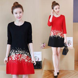 Embroidered Color Block 3/4-sleeve A-line Dress