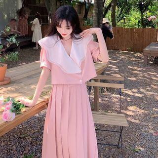 Set: Short-sleeve Scallop Edge Collar Shirt + Midi A-line Skirt