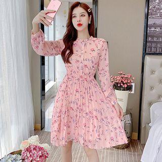 Long-sleeve Ruffled-trim Floral Chiffon Smocked Dress
