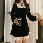 Long-sleeve Lace Panel Mini Velvet Dress Black - One Size