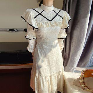 Long-sleeve Ruffle Trim Lace Midi Dress