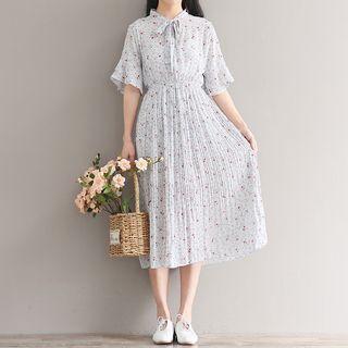 Floral Print Elbow-sleeve Pleated Midi Chiffon Dress