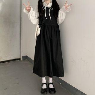 Long-sleeve Tie-neck Shirt / Midi A-line Pinafore Dress