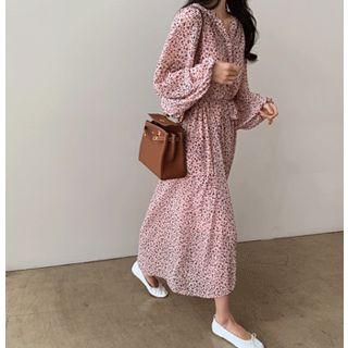 Set: Open-placket Patterned Dress + Slipdress Pink - One Size