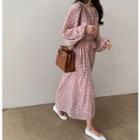 Set: Open-placket Patterned Dress + Slipdress Pink - One Size