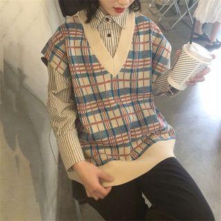 Plaid Vest / Long-sleeve Striped Shirt