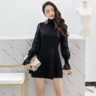 Bell-sleeve Mock Turtleneck Mini A-line Dress