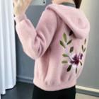 Embroidered Fluffy Buttoned Knit Hoodie