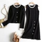 Set: Button Detail Sleeveless A-line Knit Dress + Cardigan Black - One Size