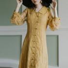 Long-sleeve Lace Frog-button Midi Collared Dress