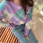 Round Neck Argyle Sweater Purple - One Size