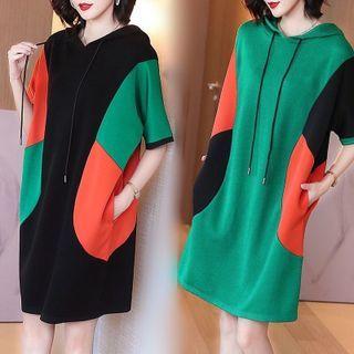 Elbow-sleeve Color Block Hooded Shift Dress