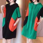 Elbow-sleeve Color Block Hooded Shift Dress