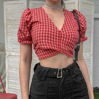 Puff-sleeve Plaid Tie-front Crop Top