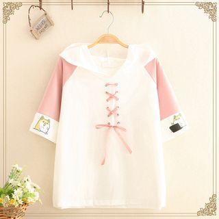 Dog Print Lace-up Front Raglan Short-sleeve Hooded T-shirt
