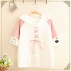 Dog Print Lace-up Front Raglan Short-sleeve Hooded T-shirt