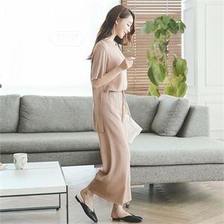 Set: Short-sleeve Slit-side Top + Band-waist Pants