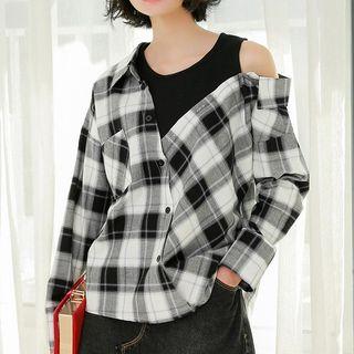 Mock Two-piece Long-sleeve Plaid Top Black & White - One Size