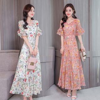 Elbow-sleeve Frill-trim Printed Maxi A-line Dress