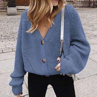 Plain Lantern-sleeve Cable Knit Jacket