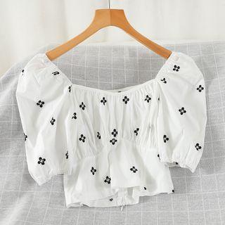 Puff-sleeve Floral Embroidered Blouse Floral Embroidery - White - One Size