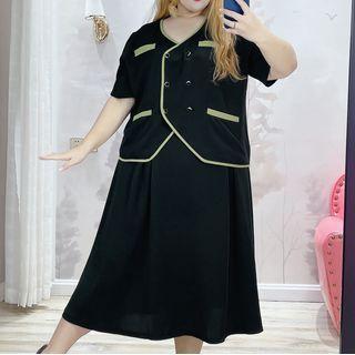 Set: Short-sleeve Contrast Trim Double-breasted Blouse + Midi A-line Skirt
