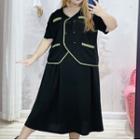 Set: Short-sleeve Contrast Trim Double-breasted Blouse + Midi A-line Skirt
