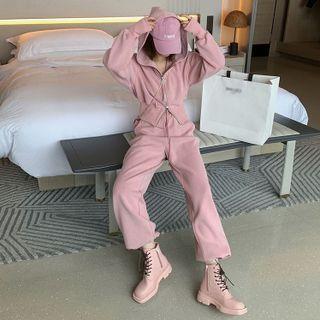 Set: Plain Cropped Zip-up Hoodie + Wide-leg Pants