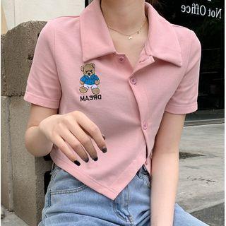 Short-sleeve Bear Embroidered Asymmetrical Polo Shirt