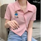 Short-sleeve Bear Embroidered Asymmetrical Polo Shirt