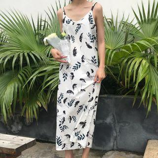 Printed Strappy Maxi Dress / Sheer Long-sleeve Shirt