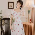 Short-sleeve Cherry Embroidered Midi A-line Dress