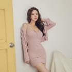 Set: Lettuce-edge Ribbed Cardigan + Sleeveless Mini Dress
