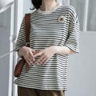 Elbow-sleeve Cartoon Striped T-shirt Black Stripes - Beige - One Size