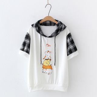 Plaid Hooded Panel Cartoon Cat Print T-shirt