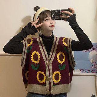 Flower V-neck Single-breasted Loose-fit Sleeveless Vest / Plain Mock-neck Slim-fit Long-sleeve Top