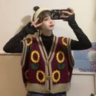 Flower V-neck Single-breasted Loose-fit Sleeveless Vest / Plain Mock-neck Slim-fit Long-sleeve Top