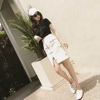 Set: Short-sleeve Top + Sheath Slit Skirt