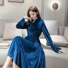 Tie-neck Long-sleeve Velvet Midi A-line Dress