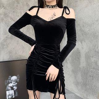 Long-sleeve Cold-shoulder Drawstring Velvet Mini Dress