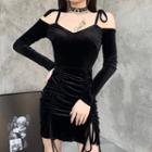 Long-sleeve Cold-shoulder Drawstring Velvet Mini Dress