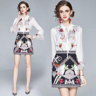Set: 3/4-sleeve Floral Print Shirt + Mini Fitted Skirt